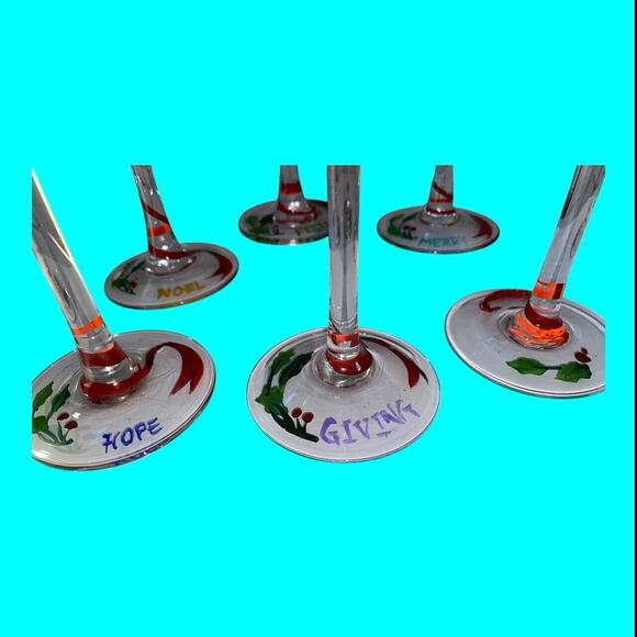 Lot Of 6 Hand-painted Christmas Stemware Wine Glasses Decorated With Ornaments - Picture 5 of 14